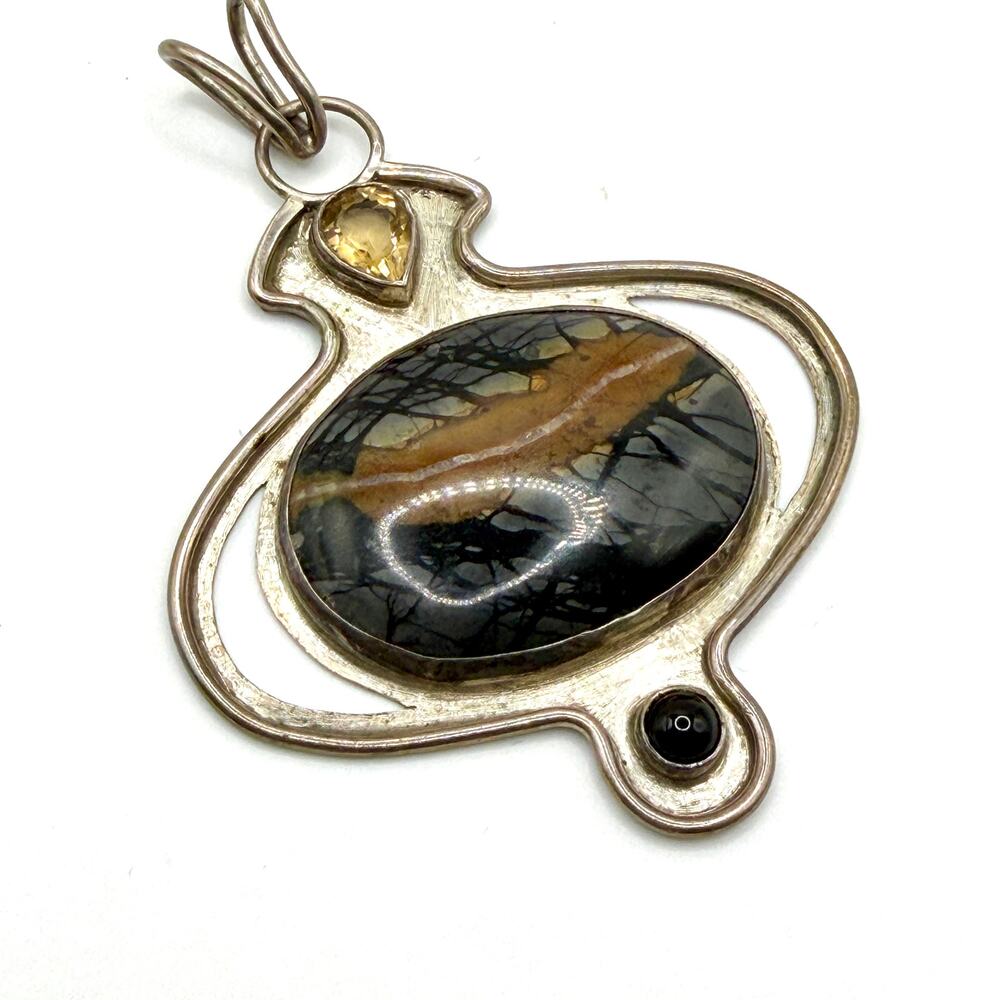 Vintage 90s Spiderweb Jasper Citrine Sterling Silver Boho Statement Pendant
